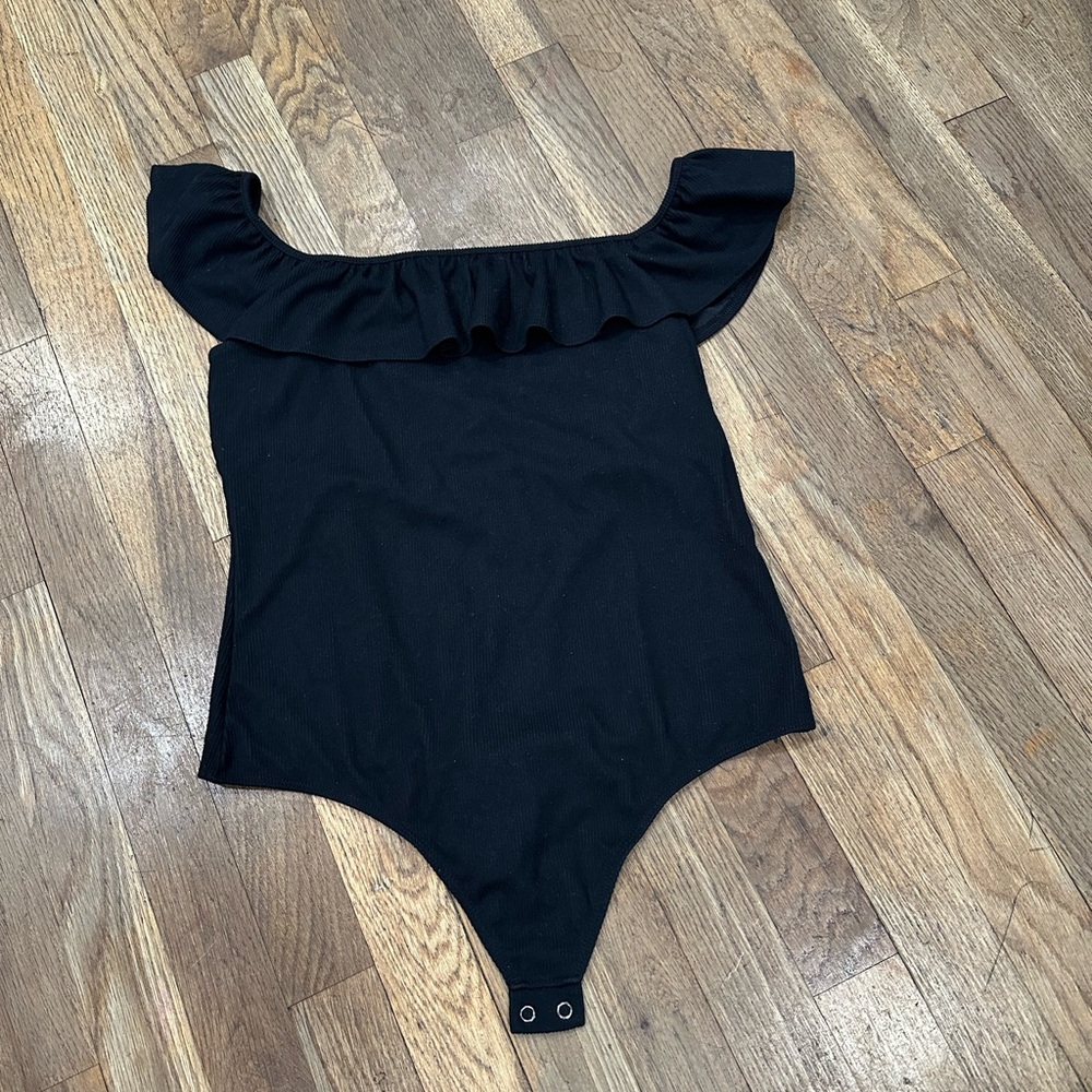 Express Black Ruffle Off-Shoulder Bodysuit